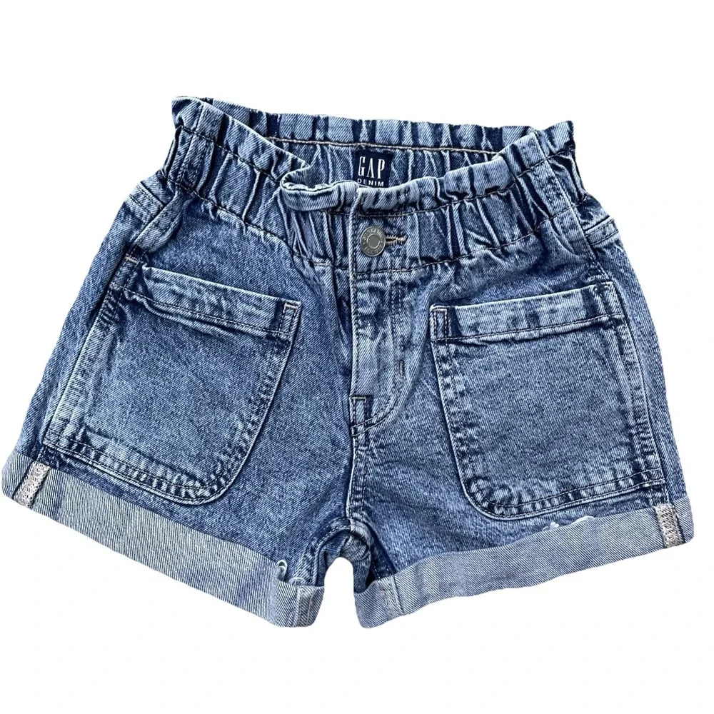 Girls Gap Denim Paperbag Shorts Size 5 Elastic Waist Mom Style Rolled Cuffs‎